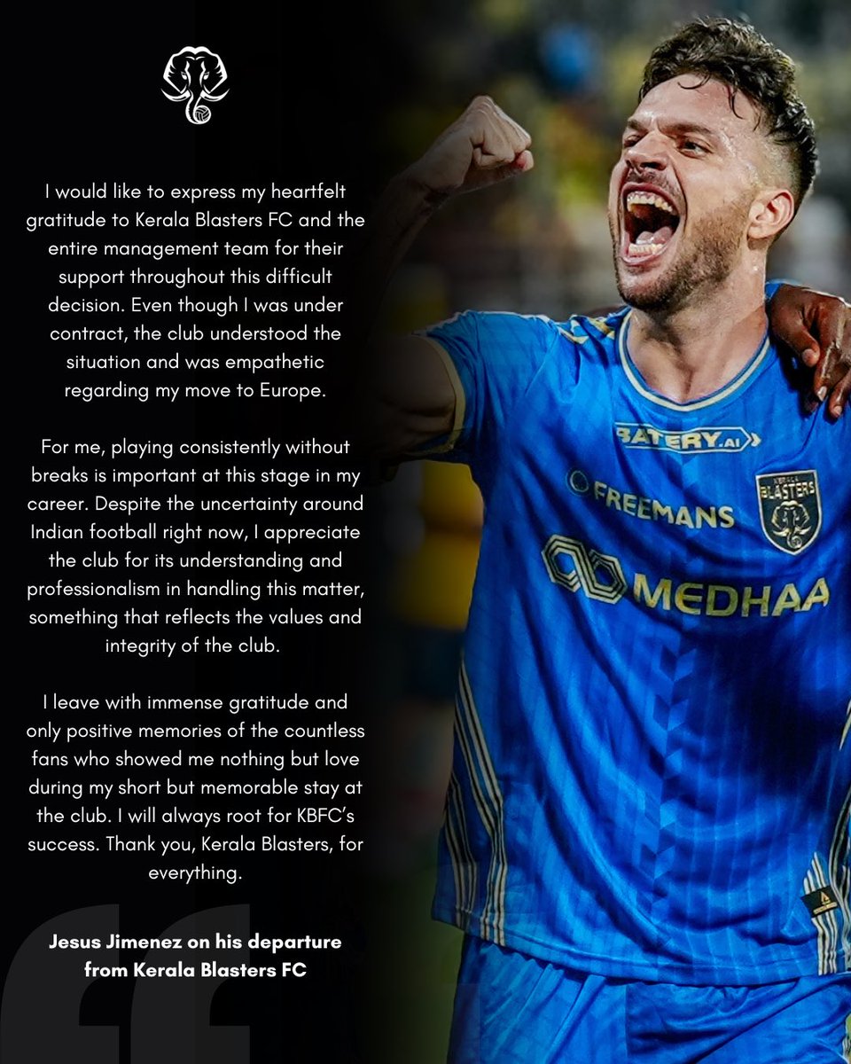 KeralaBlasters's tweet image. Kerala Blasters FC and Jesus Jimenez have reached an agreement to mutually part ways. We would like to wish Jesus the very best for his future and thank him for his professionalism and commitment during his time with us.

——

Jesus Jimenez on his departure from Kerala Blasters…