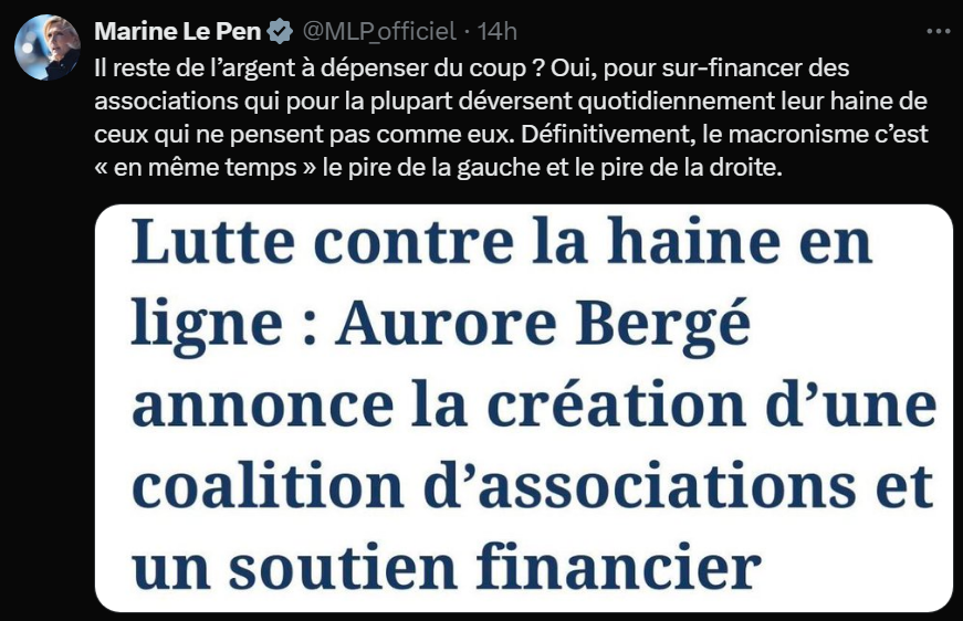 Entre une condamnation pour détournement de fonds publics et une sortie anti-immigrés, Marine Le Pen, tel Elon Musk, s'époumone contre une réunion destinée à mieux lutter contre la haine en ligne (racisme, antisémitisme, pédocriminalité, incitation au terrorisme…). Instructif!