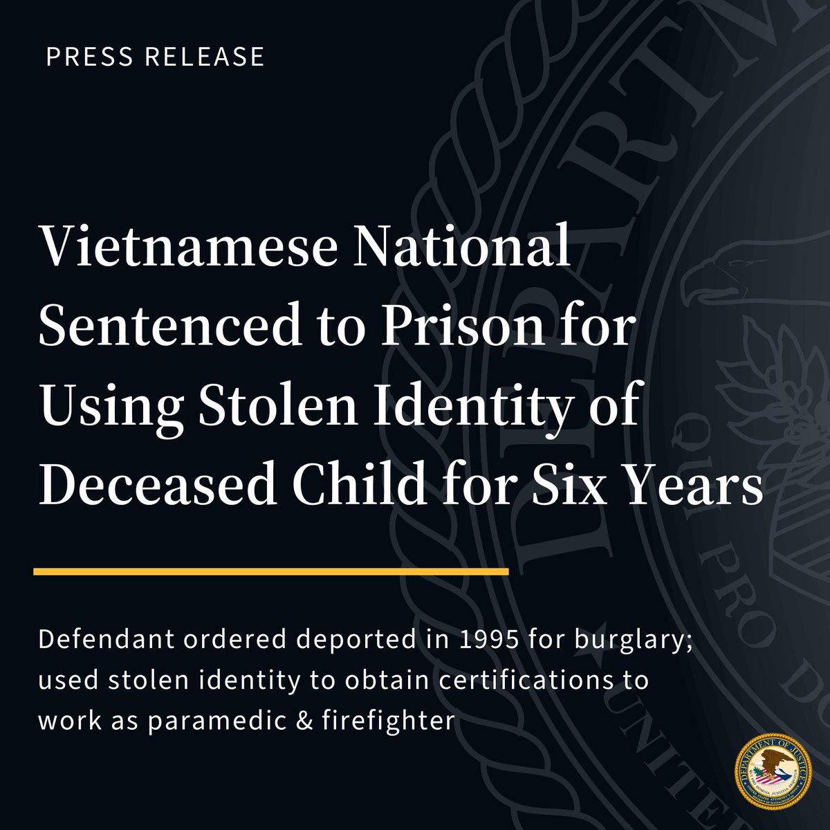 DMAnews1's tweet image. 🚨Vietnamese man living in Braintree sentenced for stealing identity of a deceased child, using it to work as a paramedic and firefighter. Illegally remained in U.S. for over 30 years after being ordered deported in the 1990s.
READ: justice.gov/usao-ma/pr/vie…