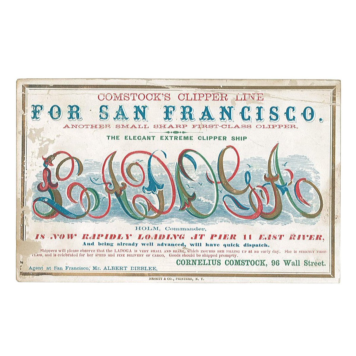 This July 1865 advertisement for the #ClipperShip Ladoga shows that the ship sailed for the Comstock Clipper Line whose offices were at 96 Wall Street–just a few blocks away from the Seaport Museum! 

📬: 1991.070.0505
