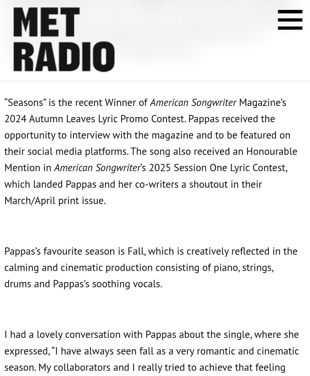 Arianna Pappas (@ariannapappas27) on Twitter photo "Seasons’ touches on the complexities of a relationship and how quickly things can change..." 🍃💔 thank you to my friend <a href="/amandarayamusic/">Amanda Raya Music</a> & Met Radio for crafting such a wonderful review of Seasons. check out the full review below, then go stream!! ☺️
metradio.ca/review/fall-ar… "Seasons’ touches on the complexities of a relationship and how quickly things can change..." 🍃💔 thank you to my friend <a href="/amandarayamusic/">Amanda Raya Music</a> & Met Radio for crafting such a wonderful review of Seasons. check out the full review below, then go stream!! ☺️
metradio.ca/review/fall-ar…