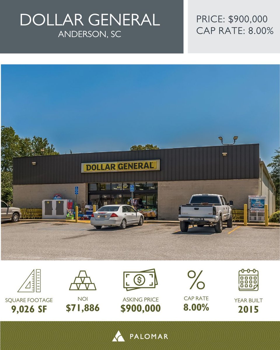 thepalomargroup's tweet image. FOR SALE | The Palomar Group is pleased to present an Absolute NNN Dollar General in Anderson, South Carolina and the Lake Hartwell area.

For more information, reach out to any member of our team!

#CRE #dollargeneral #andersonsc #palomargroup #commercialrealestate