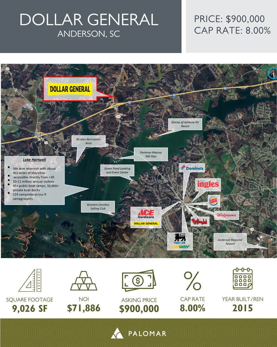 thepalomargroup's tweet image. FOR SALE | The Palomar Group is pleased to present an Absolute NNN Dollar General in Anderson, South Carolina and the Lake Hartwell area.

For more information, reach out to any member of our team!

#CRE #dollargeneral #andersonsc #palomargroup #commercialrealestate