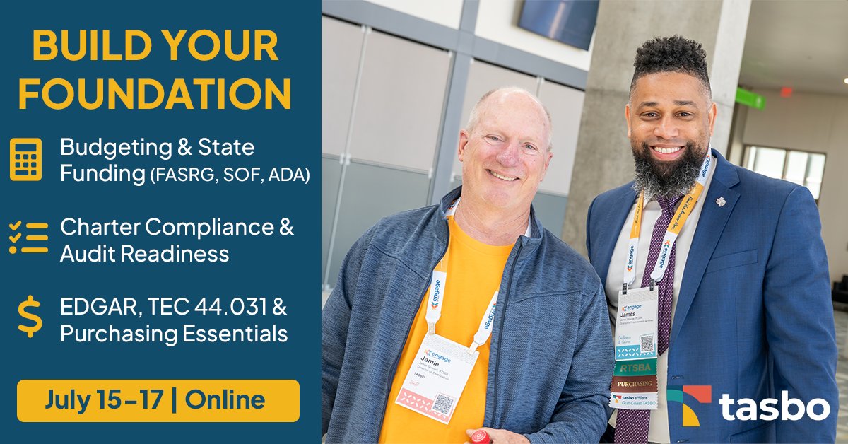Texas Public Charter Schools (@tpcsanews) on Twitter photo Charter leaders—don’t miss <a href="/tasbo/">TASBO</a>'s Fundamentals of Charter Business Management online event July 15-17! Enhance your knowledge in finance, budgeting, compliance, and more. 📝🏫 TPCSA member schools are eligible for a $75 discount! Learn more and register: bit.ly/4lpIbbh Charter leaders—don’t miss <a href="/tasbo/">TASBO</a>'s Fundamentals of Charter Business Management online event July 15-17! Enhance your knowledge in finance, budgeting, compliance, and more. 📝🏫 TPCSA member schools are eligible for a $75 discount! Learn more and register: bit.ly/4lpIbbh