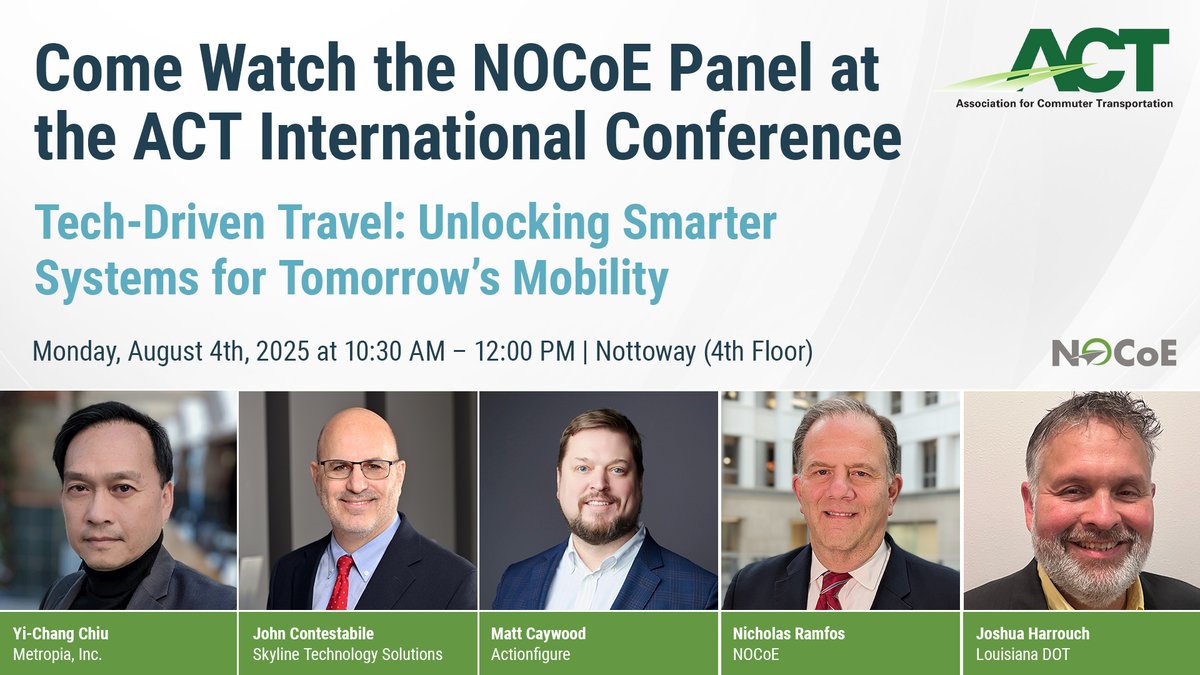 NOCoEOps's tweet image. 🚦 Optimizing Mobility Panel at the 2025 ACT International Conference
Join NOCoE for a panel exploring how technology and TSMO strategies are reshaping transportation by maximizing existing infrastructure, improving safety, and boosting system efficiency. Learn from real-world…