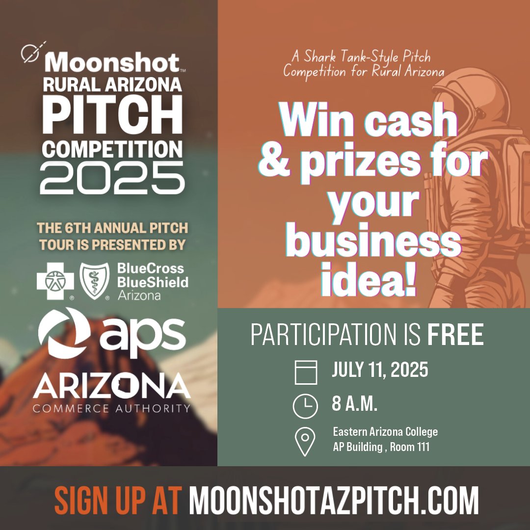 🌟 Calling all innovators! Join us for Moonshot: a Shark Tank-style pitch event in rural Arizona hosted by EAC's Small Business Development Center! 💡✨ Bring your best business ideas for a chance to make them happen!🚀