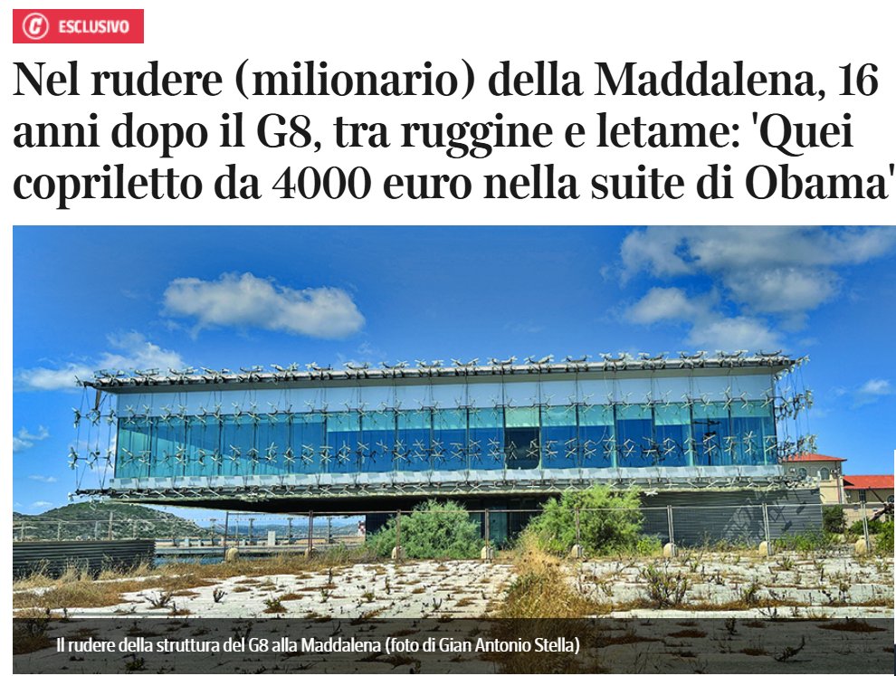 Leggo che questi ruderi, e cioè tutto quello che è rimasto del G8 annullato da Berlusconi alla Maddalena ci sono costati oltre 629 milioni di euro...

Non ho parole, solo bestemmie

Mi raccomando poi parlatemi dei banchi a rotelle eh