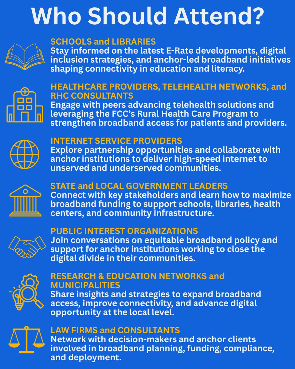 Who’s in the room at #AnchorNets2025?

📚 Schools &amp; Libraries
🏥 Healthcare Providers &amp; Telehealth
🌐 ISPs
🏛️ Government Leaders
💡 Public Interest Orgs
🔬 Research &amp; Ed Networks
⚖️ Law Firms &amp; Consultants

📍 Oct 29–31 | Crystal City, VA
🎟️ Register now: shlb.org/anchornets-2025