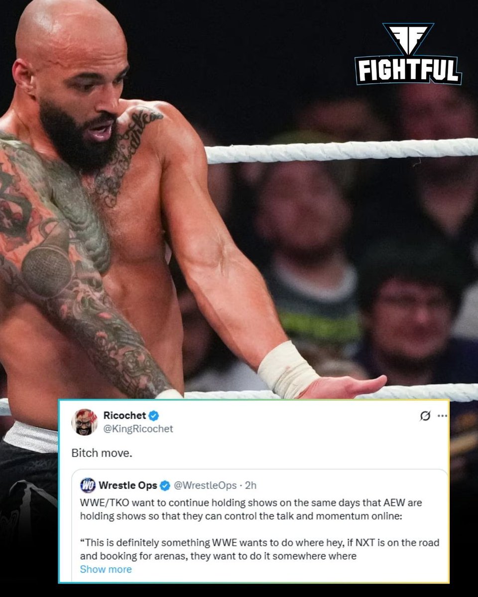 Fightful's tweet photo. Ricochet says it's a "b*tch move" that WWE counterprograms AEW. https://t.co/U2SvcXIKZa