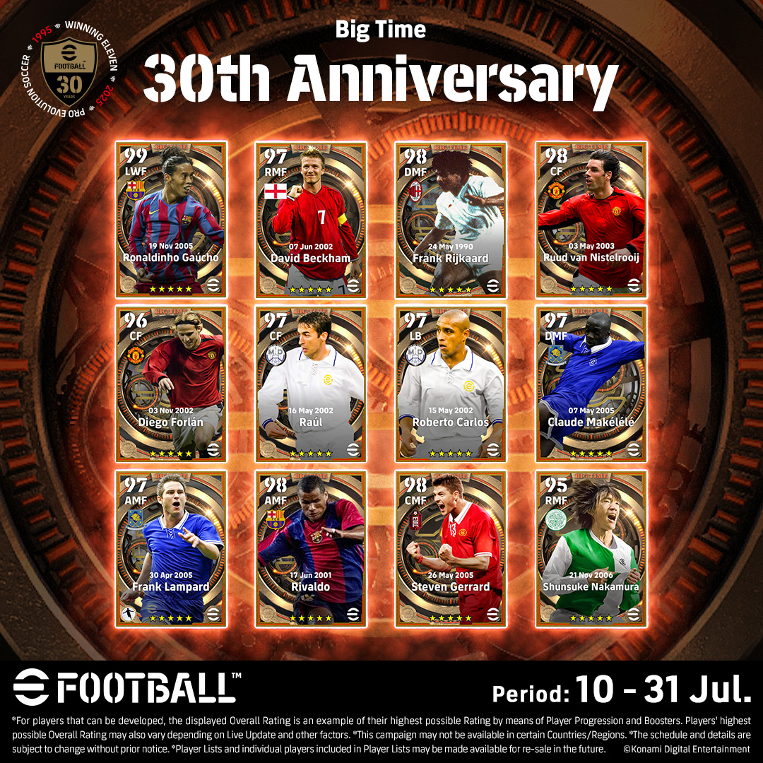 ¡Se han revelado las 3 Leyendas finales para el Big Time: 30.º Aniversario! 🎉

¡Aún estás a tiempo! Inicia sesión hoy, completa los Eventos y consigue hasta 10 Chance Deals✨

#eFootball30th