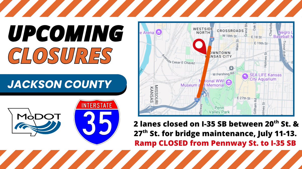 JACKSON COUNTY - 2 lanes closed on I-35 SB between 20th St. &amp; 27th St. for bridge maintenance, July 11-13. Ramp CLOSED from Pennway St. to I-35 SB. Details: modot.org/node/72018 #kctraffic