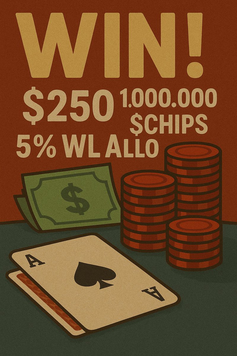 DDAO Poker (@ddaopoker) on Twitter photo Official Prizepool
- $250
- 1,000,000 $CHIPS
- 5% Total WL Allo
Challenge ends 7/21
Limited space in our <a href="/daosdotworld/">daos.world 🌎</a> launch, so get the WL guarantee while you can.
Join TG and get on the tables 👇 Official Prizepool
- $250
- 1,000,000 $CHIPS
- 5% Total WL Allo
Challenge ends 7/21
Limited space in our <a href="/daosdotworld/">daos.world 🌎</a> launch, so get the WL guarantee while you can.
Join TG and get on the tables 👇