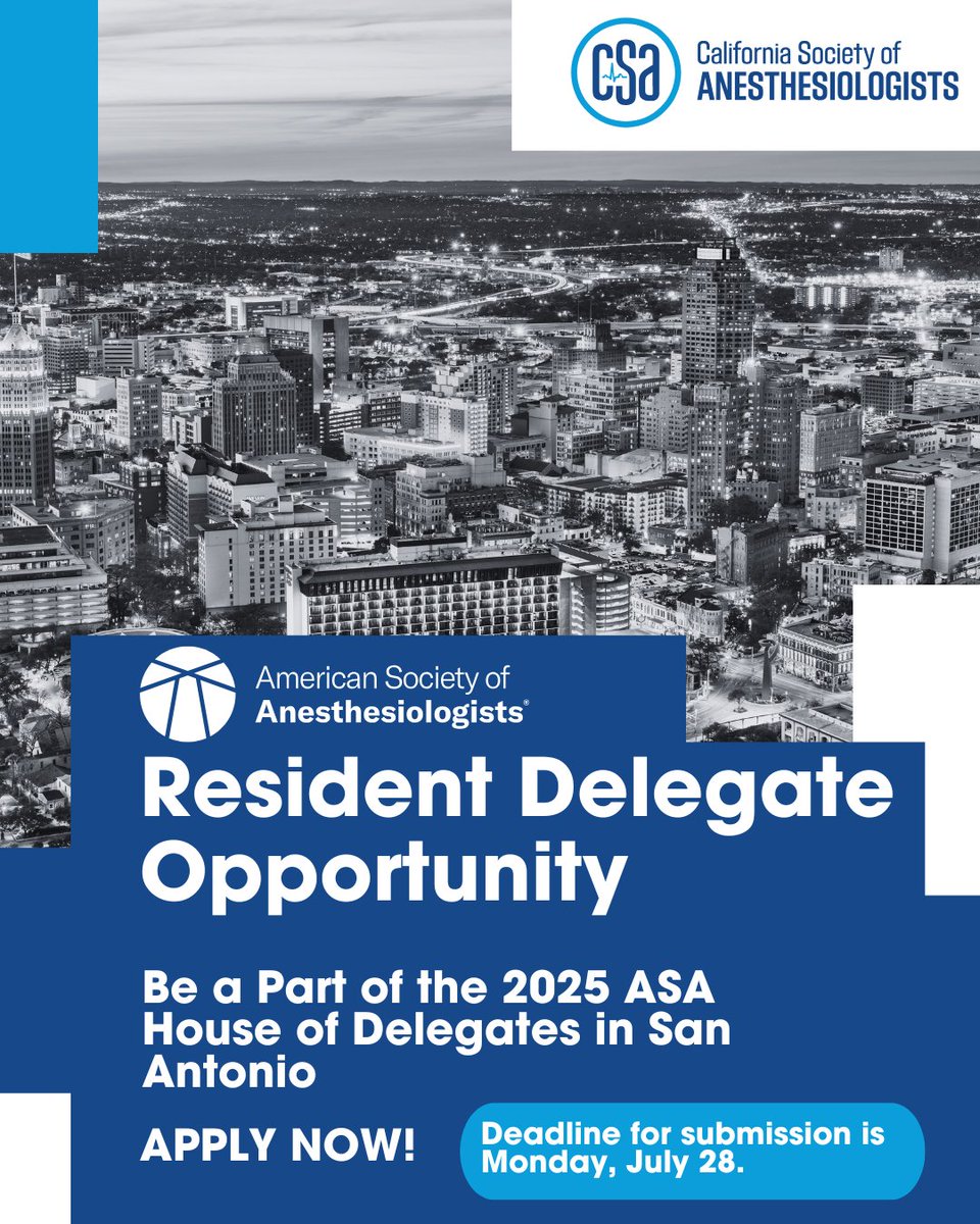 CSAHQ's tweet image. 🌟 Residents: Represent CA at ASA’s House of Delegates Oct 11 in San Antonio during #ASA2025! Apply for at-large delegate/alternate spots—travel & hotel reimbursed (limits apply).
🗓️ Deadline: July 28
🔗 Apply: bit.ly/CSAResidentDel…
#CSAResidents