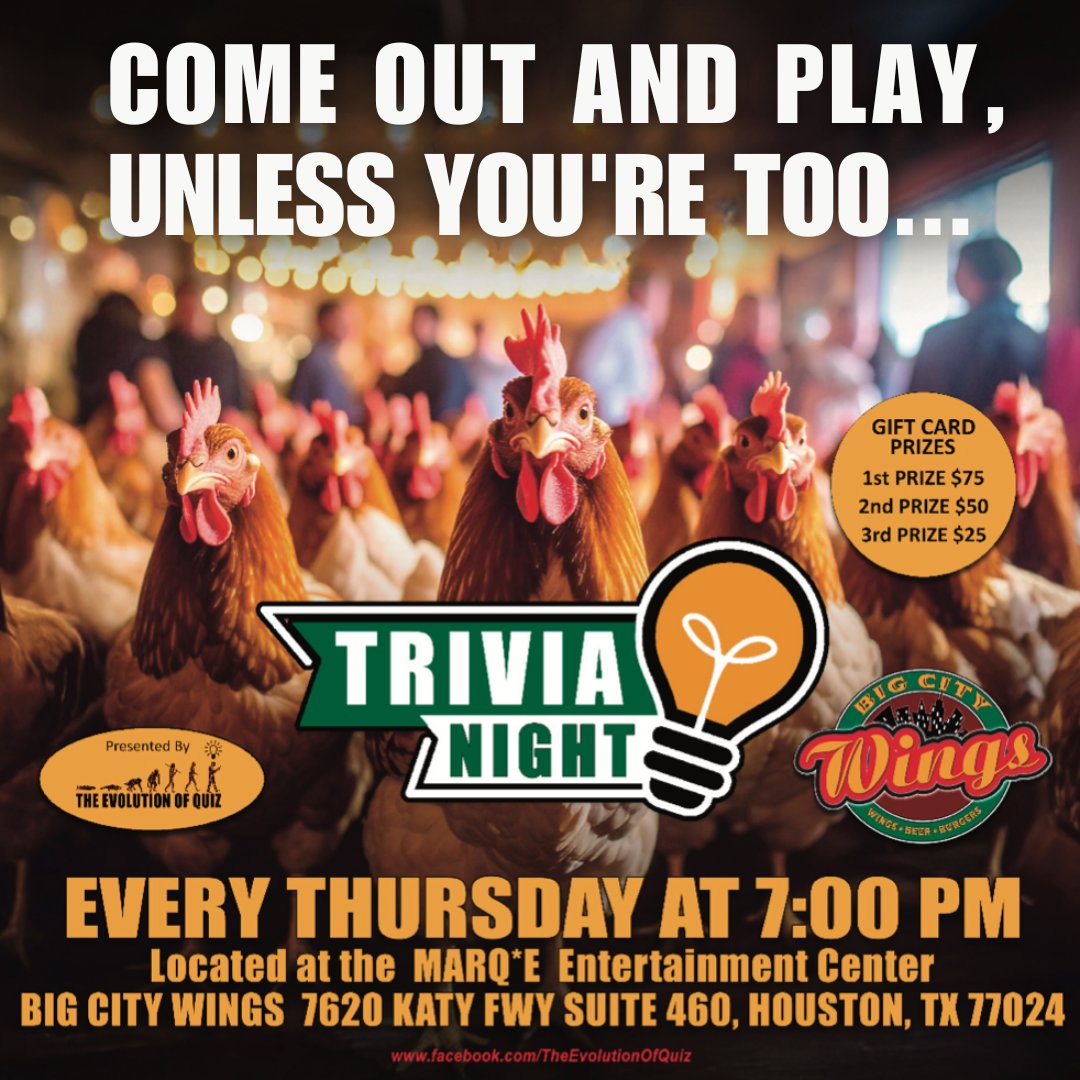 Join us for Trivia Night at the MarQ*E location at 7PM for a chance to win a gift card!  #BigCityWings #HoustonsWingJoint