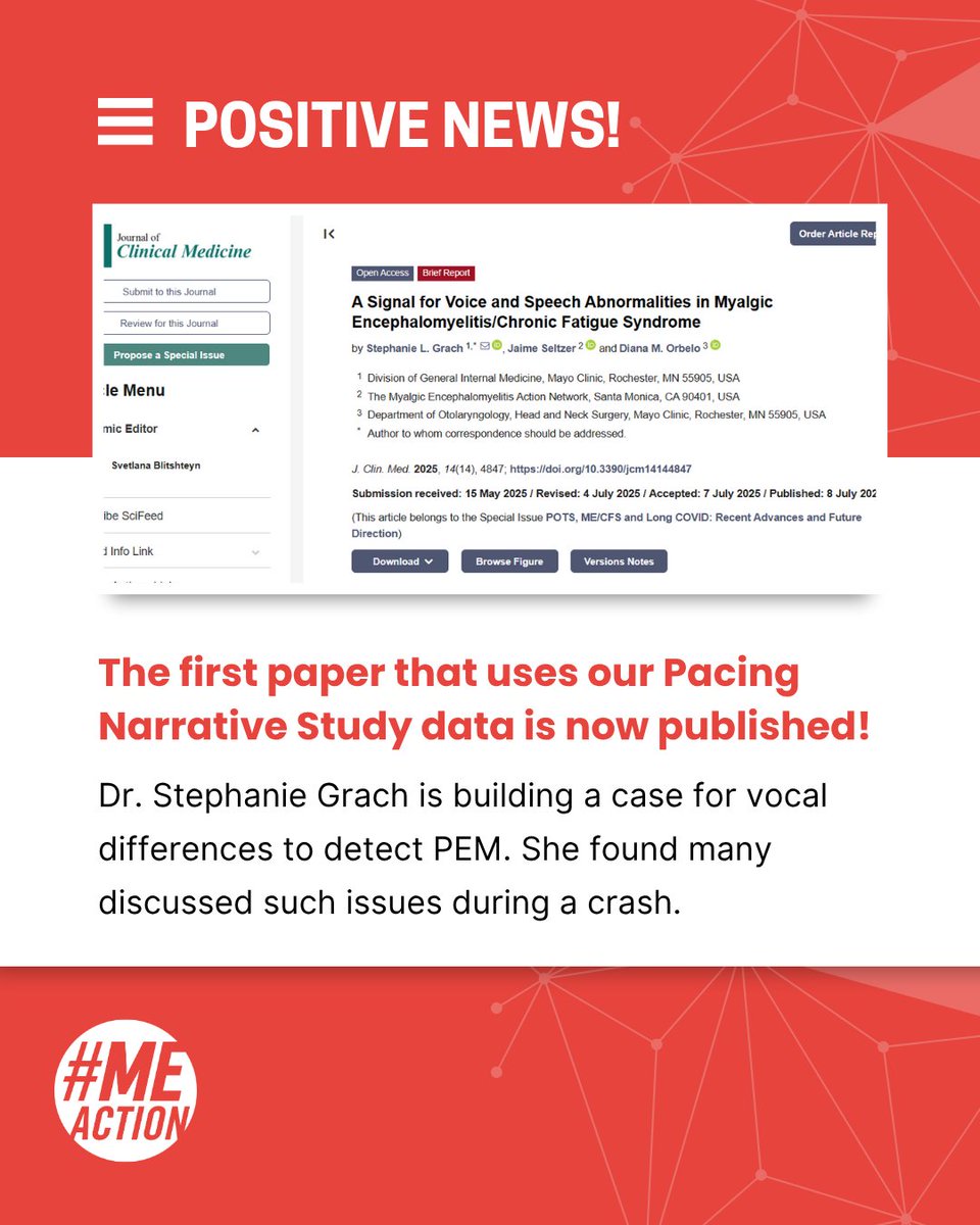 #MEAction Network (@meactnet) on Twitter photo The first paper that uses our Pacing Narrative Study data is now published. Thank you to all who participated!
<a href="/GrachStephanie/">Stephanie Grach MD MS</a> is building a case for vocal differences to detect PEM. She found many discussed such issues during a crash.
mdpi.com/2077-0383/14/1ā¦
#MECFS #pwME The first paper that uses our Pacing Narrative Study data is now published. Thank you to all who participated!
<a href="/GrachStephanie/">Stephanie Grach MD MS</a> is building a case for vocal differences to detect PEM. She found many discussed such issues during a crash.
mdpi.com/2077-0383/14/1ā¦
#MECFS #pwME