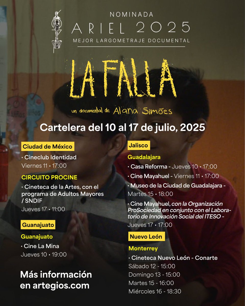 Esta semana #LaFalla, nominada al Ariel 2025 como Mejor Largometraje Documental, sigue recorriendo pantallas de Ciudad de México, Guanajuato, Guadalajara y Monterrey.

Una oportunidad para reflexionar sobre la educación, las infancias y las violencias que atraviesan las aulas.