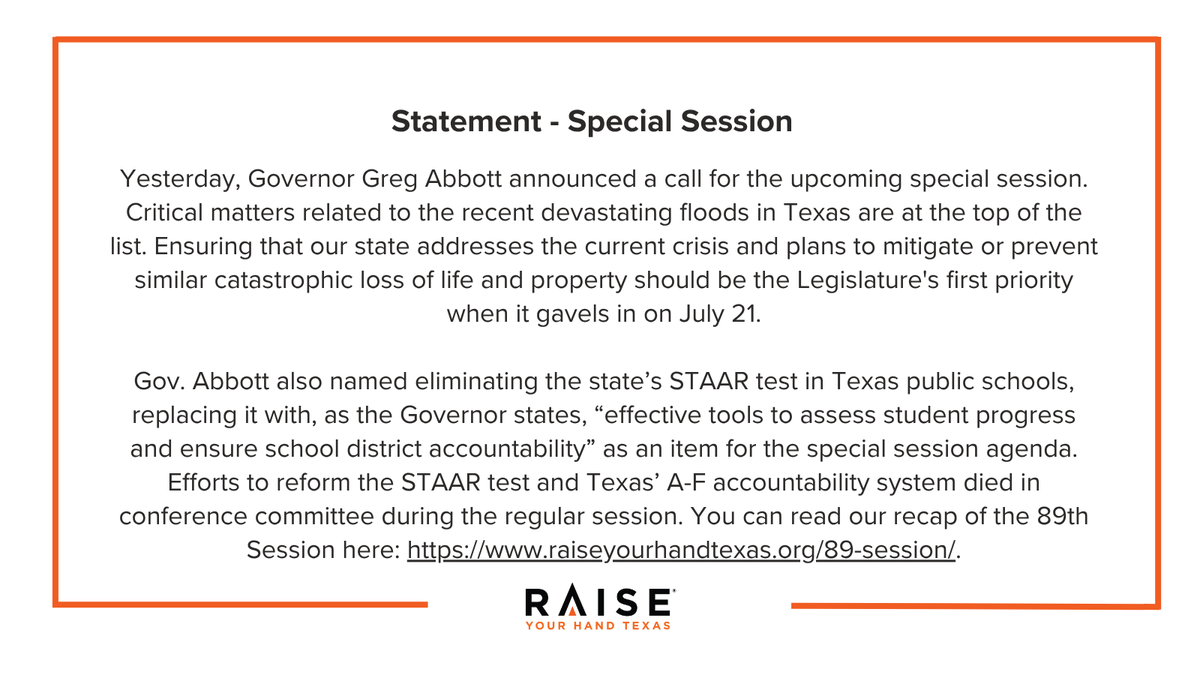 RYHTexas's tweet image. Please read our statement about the upcoming Special Session called by Governor Greg Abbott and the addition of the STAAR test as an agenda item.
#TxEd #TxLege #MeasureWhatMattersTX #SpecialSession #STAAR
