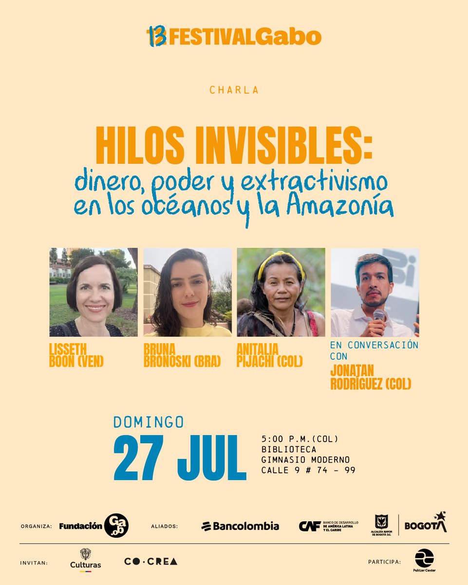 Festival Gabo (@festivalgabo) on Twitter photo <a href="/FundacionGabo/">Fundación Gabo</a> <a href="/Ninez_Ya/">NiñezYA – Sociedad Civil por la Niñez</a> <a href="/juegoyninez/">Corporación Juego y Niñez</a> <a href="/WorldVisionCO/">World Vision Colombia</a> <a href="/AgenciaDefensaJ/">Agencia Nacional de Defensa Jurídica del Estado</a> <a href="/FLIP_org/">Fundación para la Libertad de Prensa (FLIP)</a> <a href="/DW_Akademie_es/">DW Akademie América Latina</a> <a href="/EmmeSmog/">Esmeralda Martínez</a> <a href="/IDashboard/">Paul Radu</a> <a href="/FLarue_libex/">Frank LaRue</a> <a href="/eulacfoundation/">EU-LAC Foundation</a> 5️⃣ Hilos invisibles: dinero, poder y extractivismo en los océanos y la Amazonía
¿Cómo se conecta el periodismo investigativo socioambiental con las voces indígenas que defienden el medio ambiente? Lisseth Boon, Bruna Bronoski, Anitalia Pijachi y Jonatan Rodríguez abordarán el <a href="/FundacionGabo/">Fundación Gabo</a> <a href="/Ninez_Ya/">NiñezYA – Sociedad Civil por la Niñez</a> <a href="/juegoyninez/">Corporación Juego y Niñez</a> <a href="/WorldVisionCO/">World Vision Colombia</a> <a href="/AgenciaDefensaJ/">Agencia Nacional de Defensa Jurídica del Estado</a> <a href="/FLIP_org/">Fundación para la Libertad de Prensa (FLIP)</a> <a href="/DW_Akademie_es/">DW Akademie América Latina</a> <a href="/EmmeSmog/">Esmeralda Martínez</a> <a href="/IDashboard/">Paul Radu</a> <a href="/FLarue_libex/">Frank LaRue</a> <a href="/eulacfoundation/">EU-LAC Foundation</a> 5️⃣ Hilos invisibles: dinero, poder y extractivismo en los océanos y la Amazonía
¿Cómo se conecta el periodismo investigativo socioambiental con las voces indígenas que defienden el medio ambiente? Lisseth Boon, Bruna Bronoski, Anitalia Pijachi y Jonatan Rodríguez abordarán el