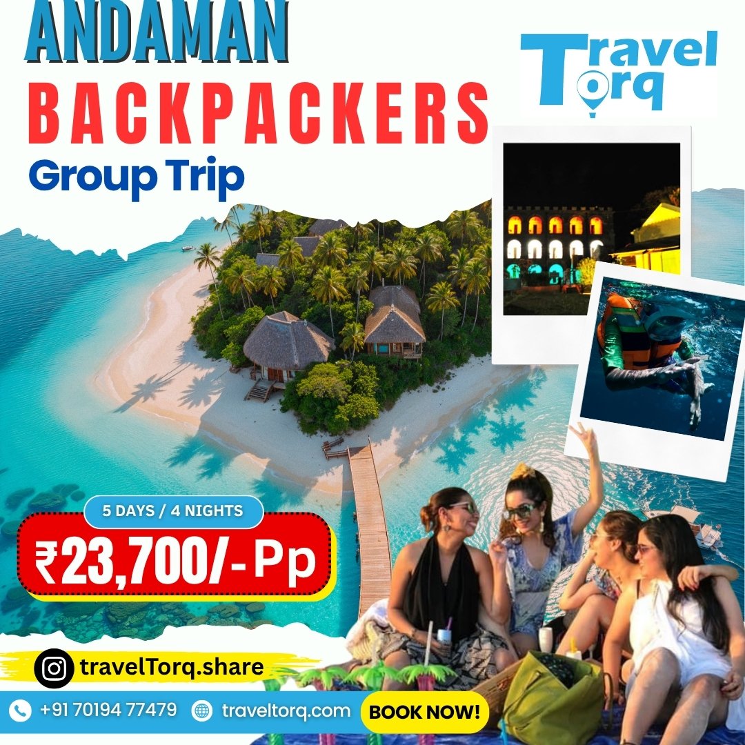 TravelTorq's tweet image. 🌴✨ Andaman Backpackers Trip!
5D/4N | ₹23,700 🏝️
Havelock, Neil, Ross &amp;amp; North Bay, Baratang, Cellular Jail 🌊🤿🌋
Stay, ferry &amp;amp; adventures in!
📞 +91 70194 77479 | traveltorq.com
🚀 Limited seats – Tag your crew &amp;amp; book now!
#AndamanBackpackers #TravelTorq #IslandVibes