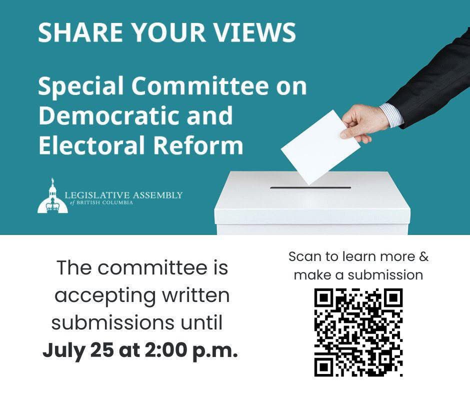 G_Anderson1's tweet image. Do you have ideas on how to strengthen democracy in BC?
The Special Committee on Democratic and Electoral Reform is accepting written submissions until 2:00 pm on July 25.
bcleg.ca/consultations
#Nanaimo #Lantzville #bcpoli