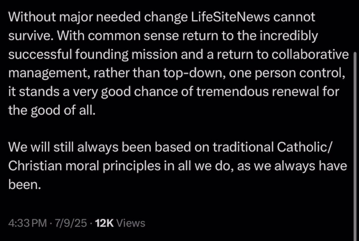 The now-deleted post by Steve Jalsevac, Managing Director and co-founder of <a href="/LifeSite/">LifeSiteNews</a>
