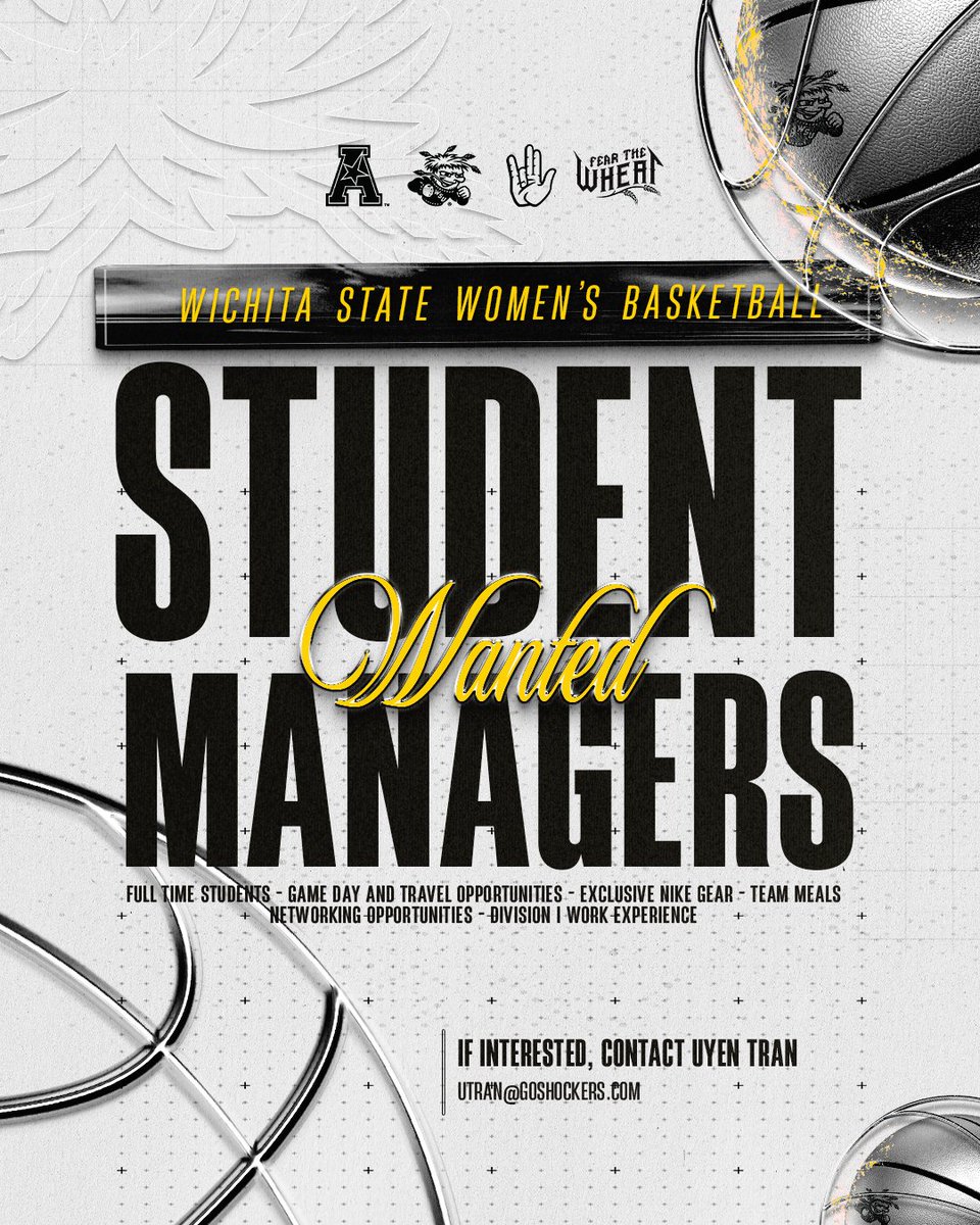 GoShockersWBB's tweet image. We're looking for student managers and male practice players for the 2025-26 season!
For more information, reach out to Uyen Tran at utran@goshockers.com!