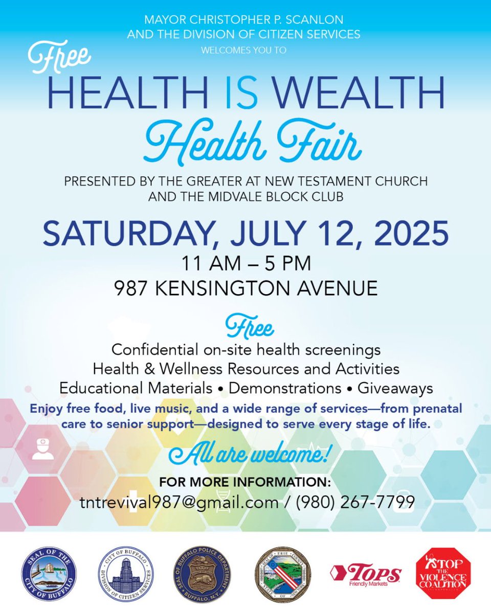 Crisis Services will be tabling at the upcoming Health is Wealth Health Fair this Saturday July 12th! The Health Fair will take place on Kensington Avenue from 11:00 AM - 5:00 PM. 

#BuffaloNY #Buffalove #HealthFair #MentalHealthResources