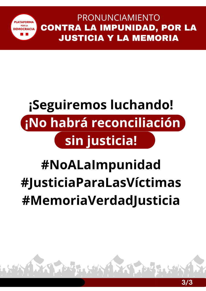 ✊🏽 #NoALaImpunidad
Desde la Plataforma por la Democracia rechazamos el proyecto de ley que busca amnistía para responsables de crímenes de lesa humanidad y violaciones a los DD.HH. (1980–2000).
El Congreso traiciona la #MemoriaVerdadJusticia
#JusticiaParaLasVíctimas ⚖️