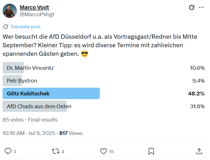 Next Round: Der #Düsseldorf|er #AfD-Direktkandidat Marco Vogt eskaliert den parteiinternen Machtkampf, indem er den bundesweit bekannten Rechtsextremisten Götz Kubitschek in seinen Kreisverband einladen möchte. Dieser war bislang nur auf Einladung von Helferich bei der NRW-AfD.