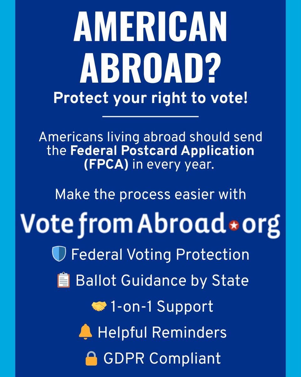 demsabroaduk's tweet image. We encourage you to send in your Federal Postcard Application (FPCA) even in off-year elections! Visit" votefromabroad.org
There are elections scheduled in some states in 2025 and special elections can pop up at any time. Be ready. It only takes 5 minutes.