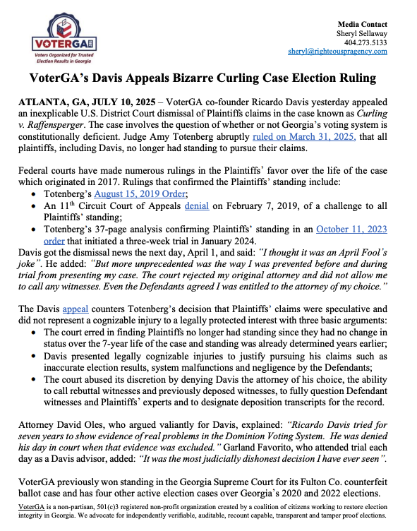 VoterGa's tweet image. 🚨🚨 VoterGA's Davis appeals the bizarre, inexplicable dismissal of the Curling v Raffensperger election case
voterga.org/wp-content/upl…
#Fix2020 #ElectionIntegrity #Georgia