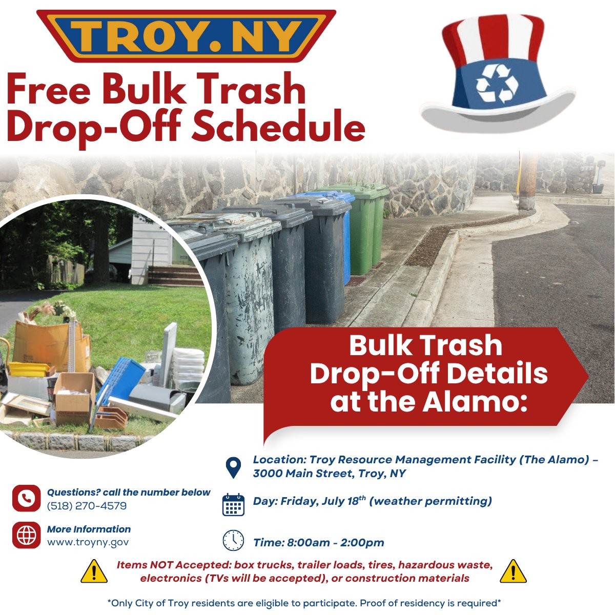 TroyCityHall's tweet image. 📢 Mark your calendars! FREE Bulk Trash Drop-Off for Troy residents is Friday, July 18 from 8AM–2PM at The Alamo (3000 Main Street, Troy, NY).
✅ Proof of residency required
🛻 Accepted items/vehicles: troyny.gov/freebulktrash
🚫 Entry may be denied if not compliant.