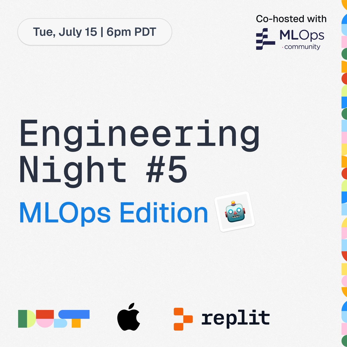 the energy yesterday night was so intoxicating, we decided to throw another one. Eng. Night #5 next week in San Francisco 🔥 🌉

speakers: Kriti Goyal from Apple, <a href="/giansegato/">gian</a> and <a href="/BelvezeJules/">Belveze Jules</a>

co-hosted with the <a href="/mlopscommunity/">MLOps Community</a> ✨

register here 👉 lu.ma/jz7hwme0