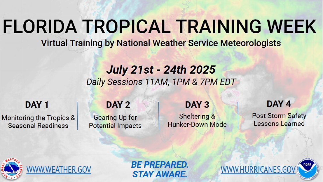 📢 1 Week Away!

FL Tropical Training Week returns July 21–24 with virtual sessions led by NWS meteorologists.

Topics:
✅ Monitor the tropics
✅ Gear up for impacts
✅ Hunker down during the storm
✅ Post-storm tips

Sign up here: weather.gov/jax/FloridaTro…

📌 #HurricanePrep #FLwx