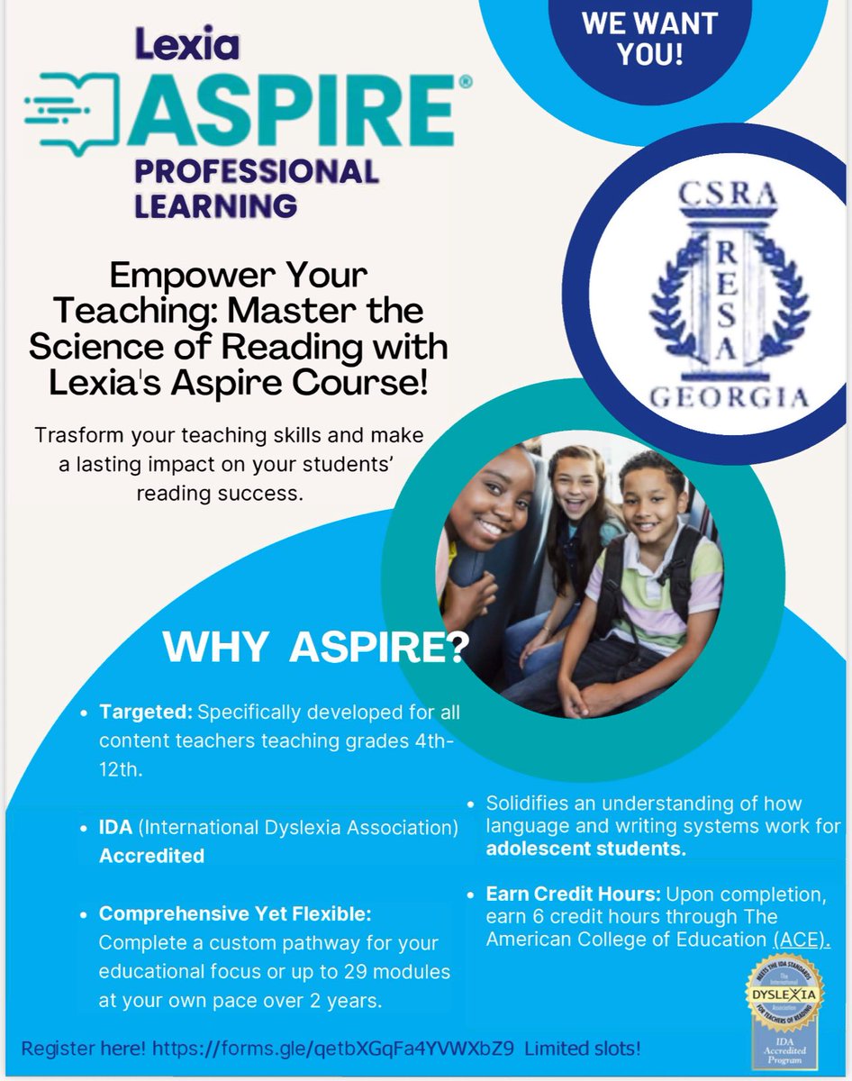 ASPIRE a new Lexia IDA accredited  course for teachers in grades 4-12. All coursework is asynchronous, so this course does not require in person training.  Only 9 slots remaining!  Register today: docs.google.com/forms/d/e/1FAI…