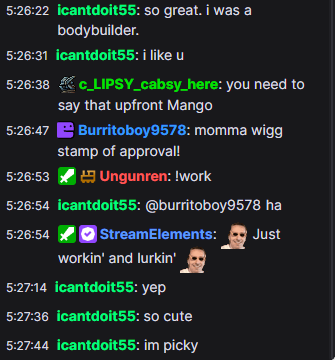 Riding a massive high of Mama Wigg coming in chat on her own time and telling me it's because she likes me, and she's picky 😎

Next time Mama Wigg will have to meet Mango Momma D!
