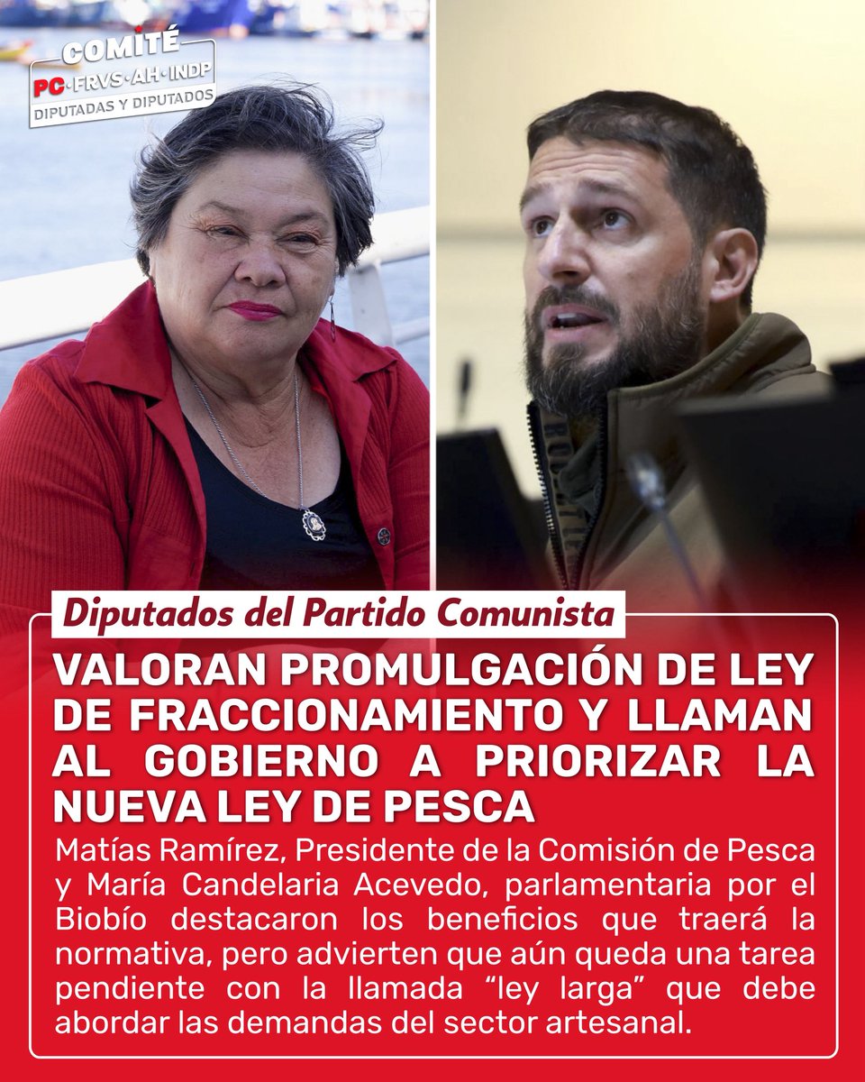 Comité PC - FRVS - AH Independientes (@bancadapc_frvs) on Twitter photo 🔴 Los diputados <a href="/matiasramirezpa/">Matias Ramirez Pascal</a>, presidente de la Comisión de Pesca, junto a <a href="/Candeladiputada/">María Candelaria Acevedo Sáez</a> valoraron la promulgación de la Ley de Fraccionamiento y hacen un llamado al <a href="/GobiernodeChile/">Gobierno de Chile</a> a priorizar la nueva Ley de Pesca 🔴 Los diputados <a href="/matiasramirezpa/">Matias Ramirez Pascal</a>, presidente de la Comisión de Pesca, junto a <a href="/Candeladiputada/">María Candelaria Acevedo Sáez</a> valoraron la promulgación de la Ley de Fraccionamiento y hacen un llamado al <a href="/GobiernodeChile/">Gobierno de Chile</a> a priorizar la nueva Ley de Pesca