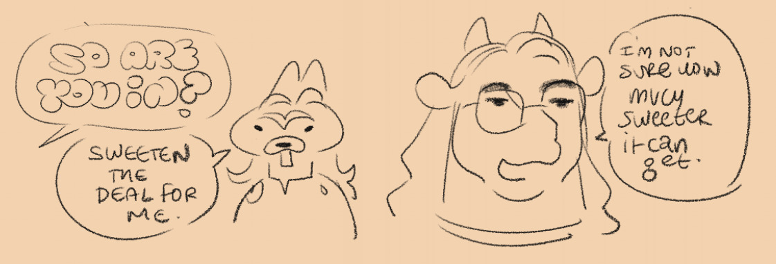 (3/3) its forever unfinished cause I took so long to sketch it down that i forgot the actual "punchline", but I think any opportunity to draw 2 characters interacting is good for development