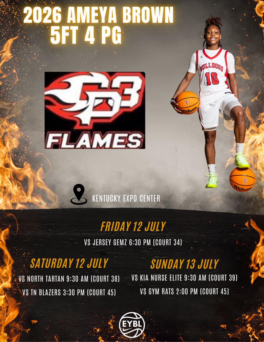 Ameya Brown (<a href="/meya_brown10/">Ameya Brown</a>) will be with the CP3 Flames 17U EYCL squad this weekend in Louisville