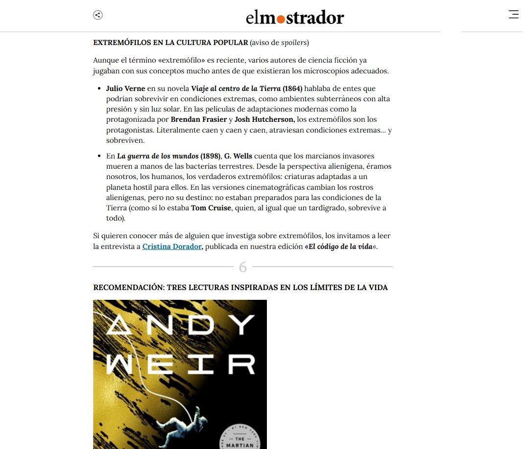 #verne #hgwells #sistemasolar
Semana de extremófilos en newsletter Universo Paralelo <a href="/elmostrador/">El Mostrador</a>, incluye mis breves paralelas contando algunas anécdotas de extremofilos en el espacio exterior y en libros de ciencia ficción. 
#frasier #cruise #tardigrado -elmostrador.cl/universoparale…