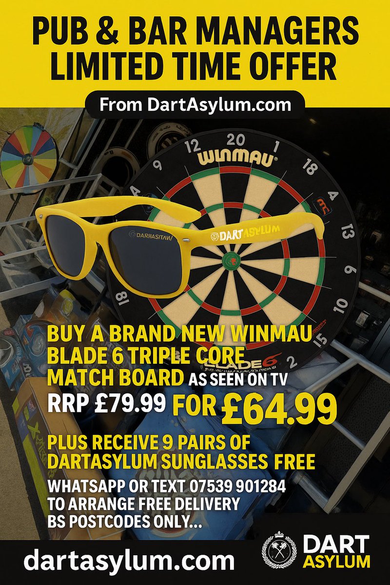 📣 Calling Bristol Bar Owners… LIMITED time offer &amp; FREE Delivery…

😃 Treat your Darts Team to a NEW Dartboard as used by the Pros on Sky TV…

😎 PLUS a FREE pair on Sunglasses for your entire Darts Team (Limited to 9 Pairs per venue) RRP £14.99 each!!