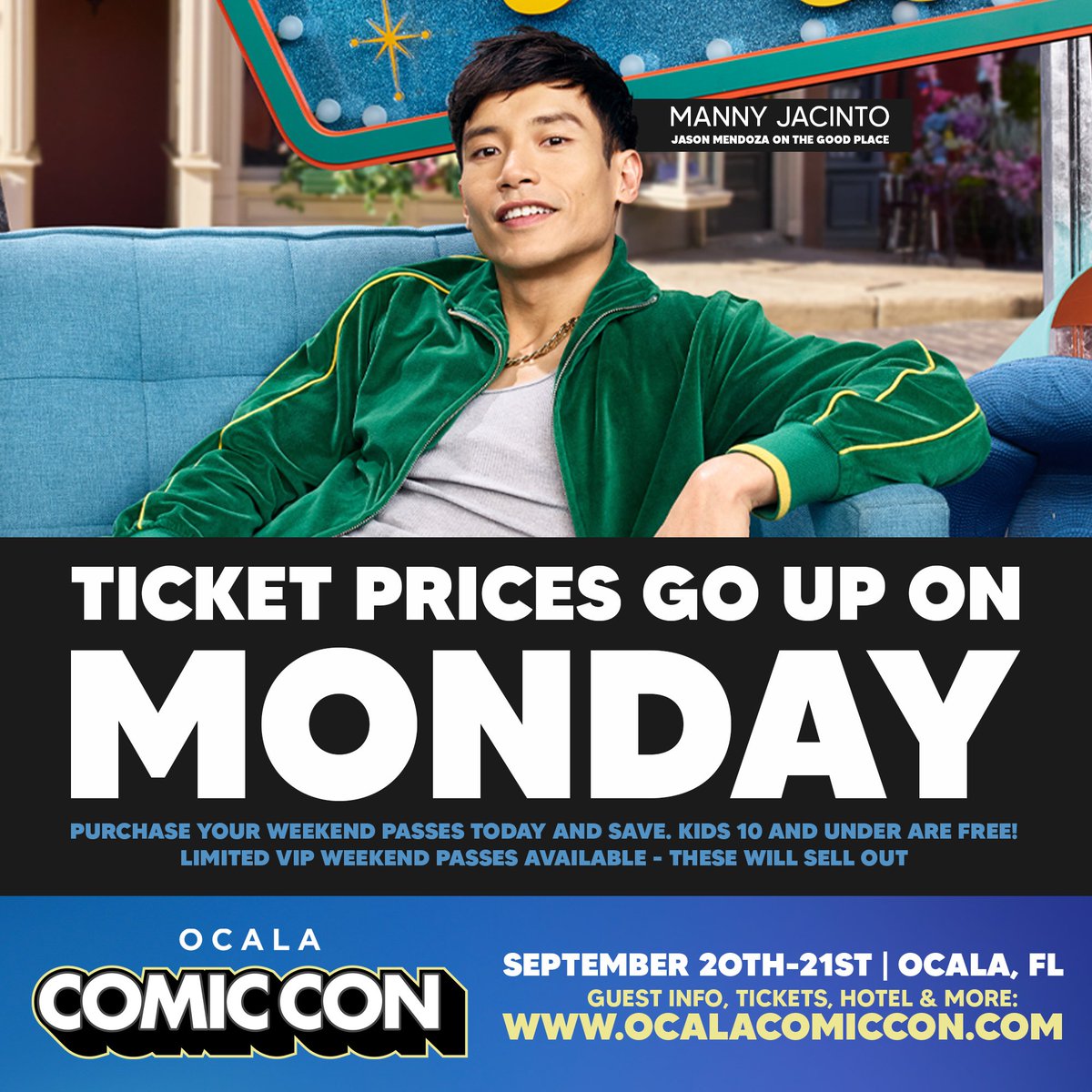 OcalaComicCon's tweet image. Love The Good Place? Here is your chance to meet the #1 Jacksonville Jaguars fan, Jason Mendoza at Ocala Comic Con! Manny Jacinto will be attending the entire event.
📷 Photo Ops Available Now: checkout.conventions.leapevent.tech/eh/2025_Ocala_…