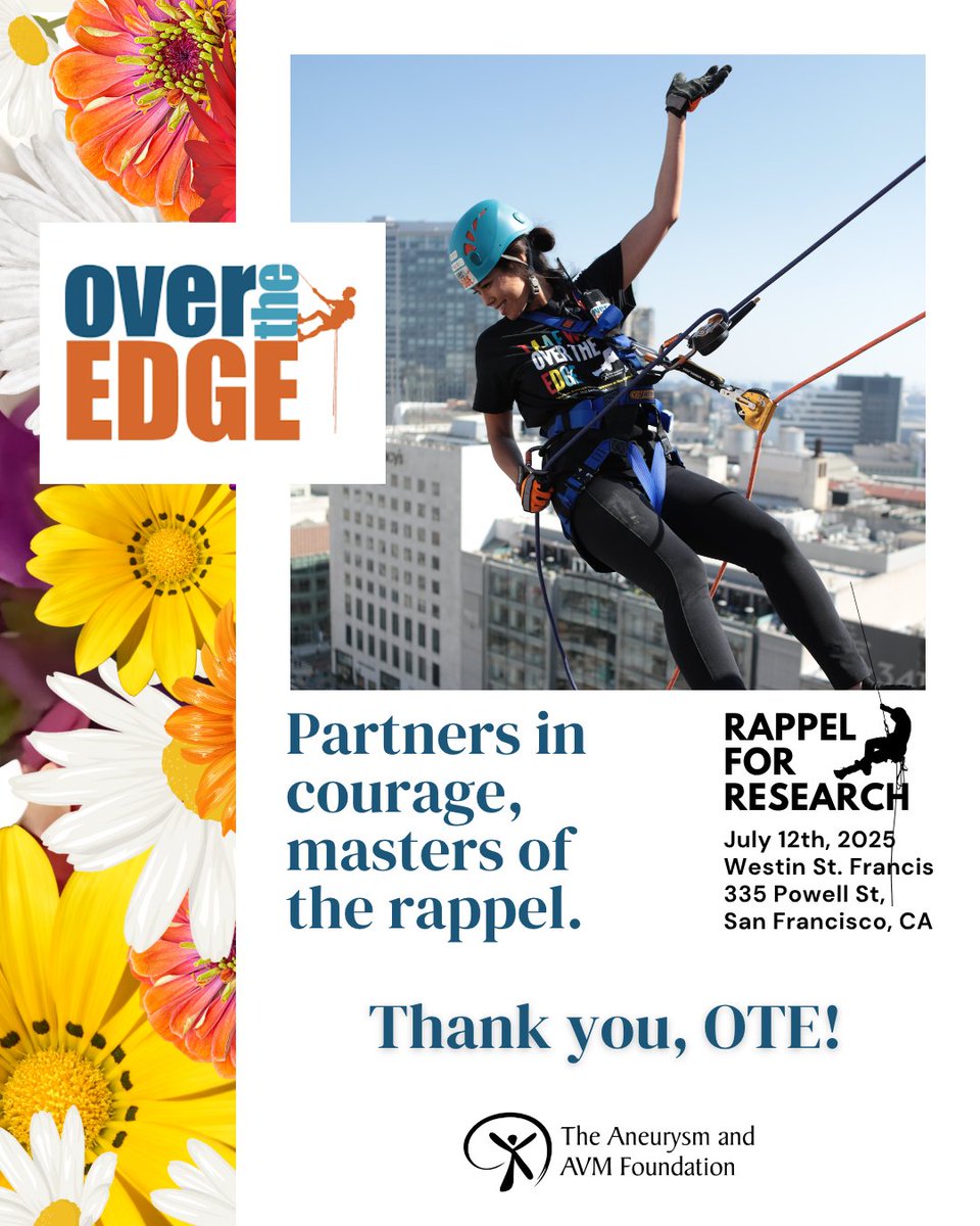 The Aneurysm and AVM Foundation (TAAF) (@taaf) on Twitter photo Huge thanks to our friends <a href="/overtheedge/">Over The Edge</a> for making Rappel for Research possible—safely, spectacularly, & w/serious style. Together, we turn leaps of faith into powerful moments of awareness & impact.
#OverTheEdge #OTE #TAAF #RappelforResearch #BrainAneurysmAwareness #AVMAwareness Huge thanks to our friends <a href="/overtheedge/">Over The Edge</a> for making Rappel for Research possible—safely, spectacularly, & w/serious style. Together, we turn leaps of faith into powerful moments of awareness & impact.
#OverTheEdge #OTE #TAAF #RappelforResearch #BrainAneurysmAwareness #AVMAwareness