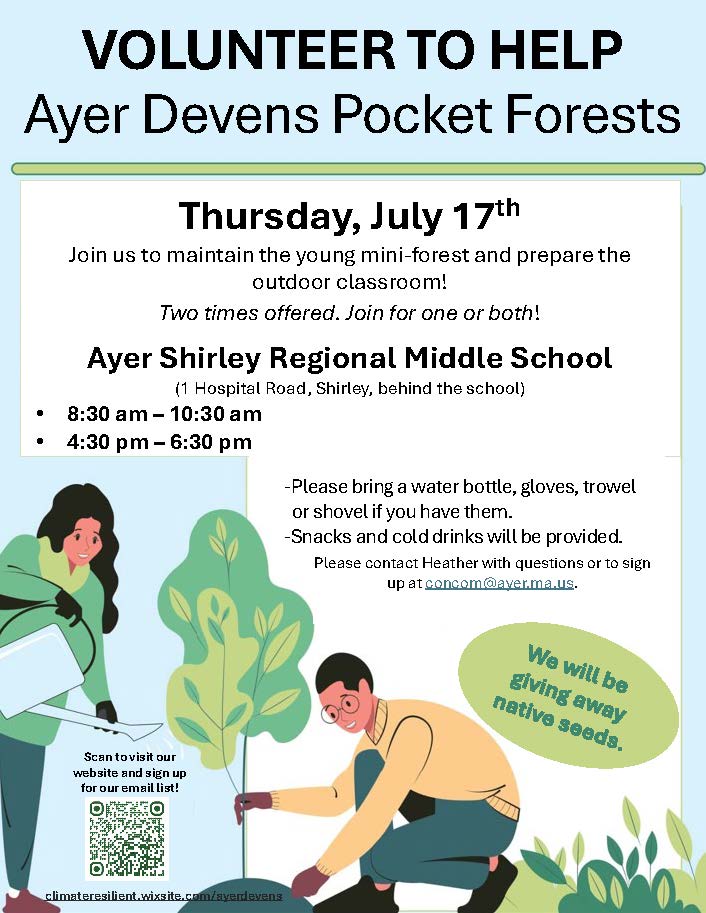 Ayer Devens Pocket Forests

Come volunteer and help maintain the mini-forest and prepare the outdoor classroom! Join us in the morning, evening, or both!

ayer.ma.us/.../volunteer-…