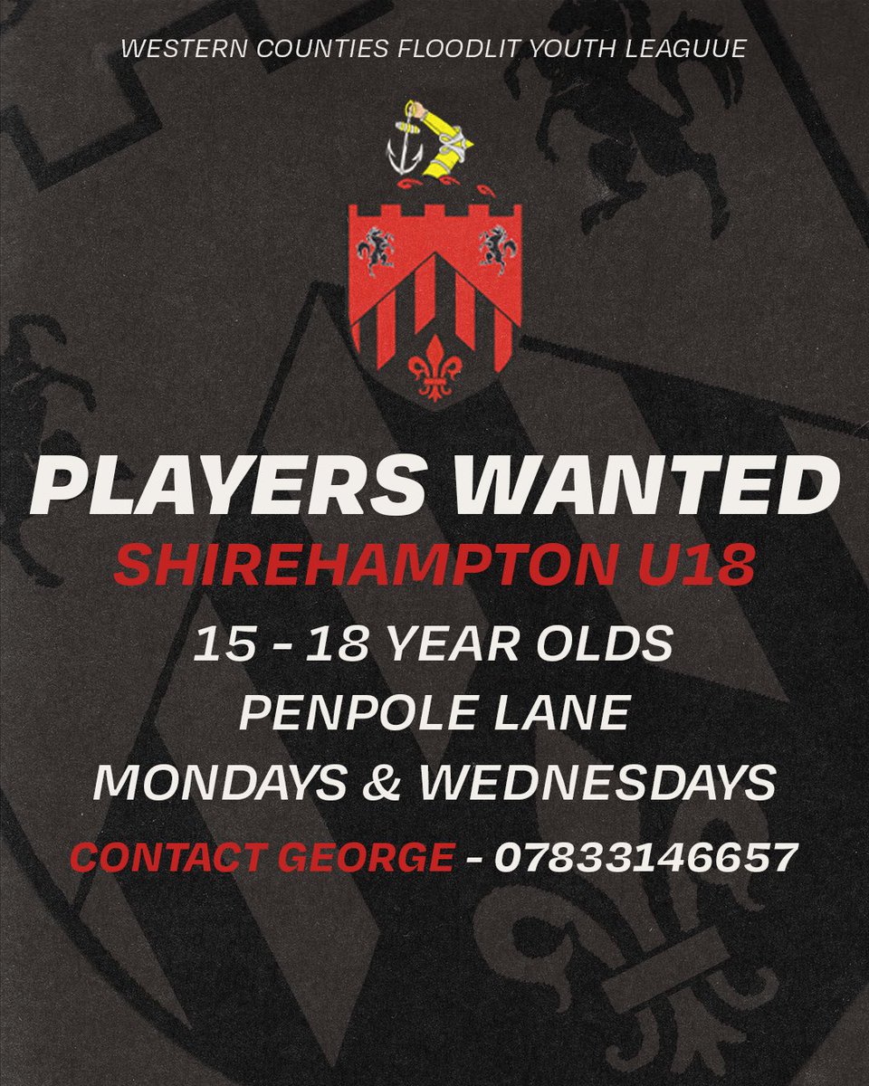 Shirehampton FC 🔴☠️ (@officialshirefc) on Twitter photo Still recruiting players for our u18s ahead of the floodlit season.
Details below, please get in touch!
<a href="/swsportsnews/">South West Sports News</a>
<a href="/bsoccerworld/">Bristol Soccerworld</a>
<a href="/SevernSport/">Severn Sport</a>
🔴☠️ Still recruiting players for our u18s ahead of the floodlit season.
Details below, please get in touch!
<a href="/swsportsnews/">South West Sports News</a>
<a href="/bsoccerworld/">Bristol Soccerworld</a>
<a href="/SevernSport/">Severn Sport</a>
🔴☠️