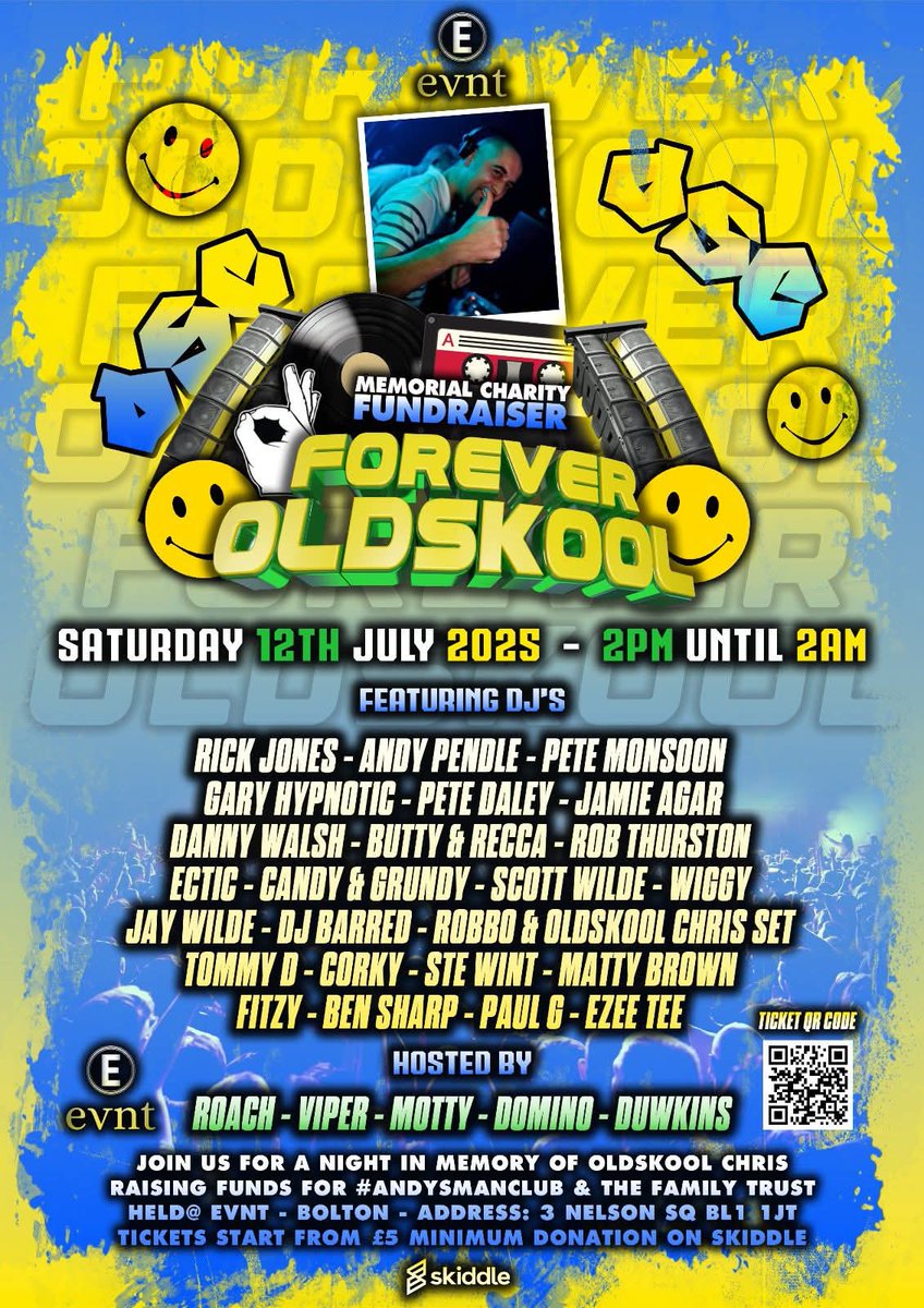 This Saturday we get to together to pay tribute to Oldskool Chris, all proceeds are going to his family trust and #andysmanclub 

You can get yer tickets here: skiddle.com/whats-on/Bolto…

❤