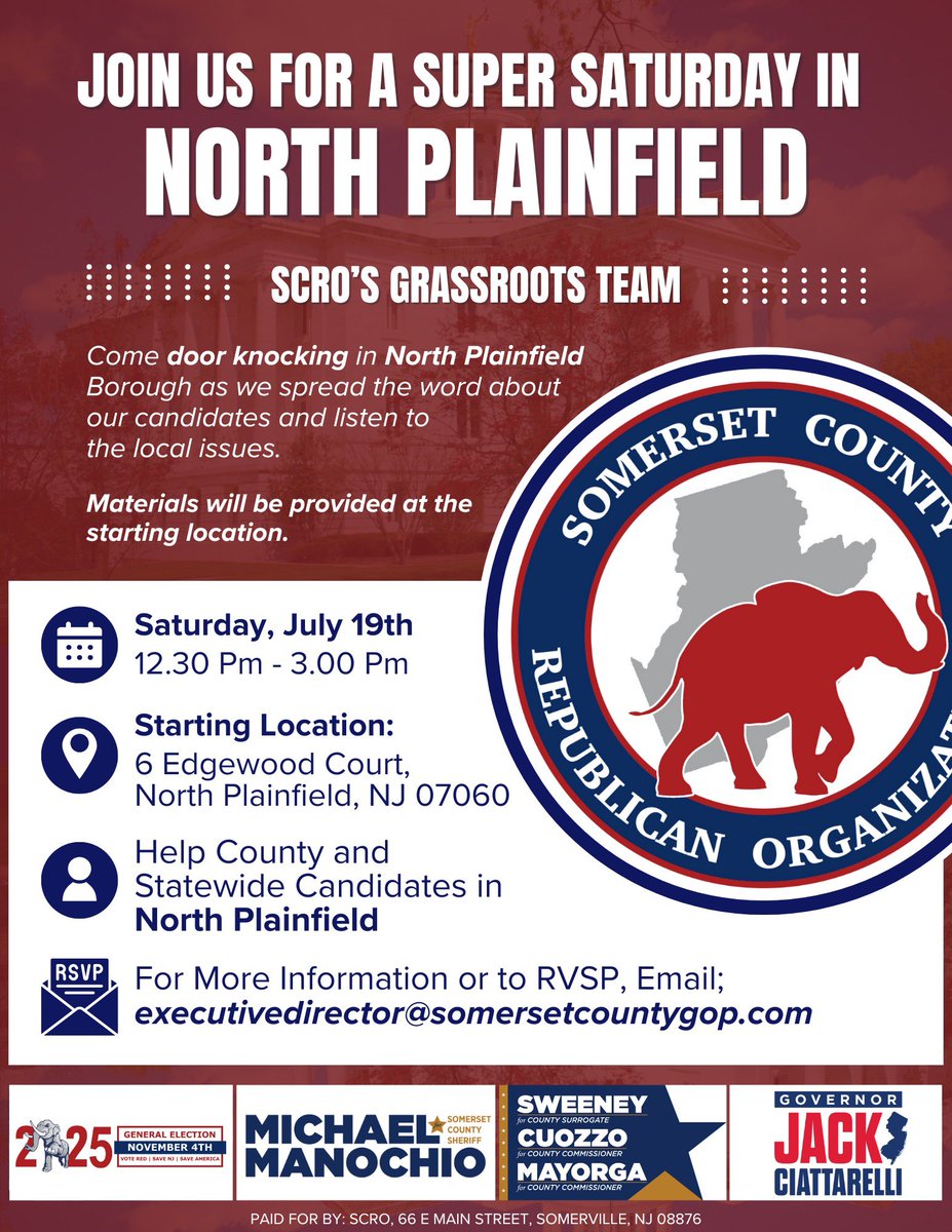 SomersetCoGOP's tweet image. Volunteers Needed! 📣
Join us next Saturday, July 19th in North Plainfield for a Super Saturday Door Launch from 12:30 PM to 3:00 PM! Let’s knock doors, meet voters, and make an impact.
See flyer for more details!
#MSCM4Somerset #GetOutTheVote #SomersetCoGOP
