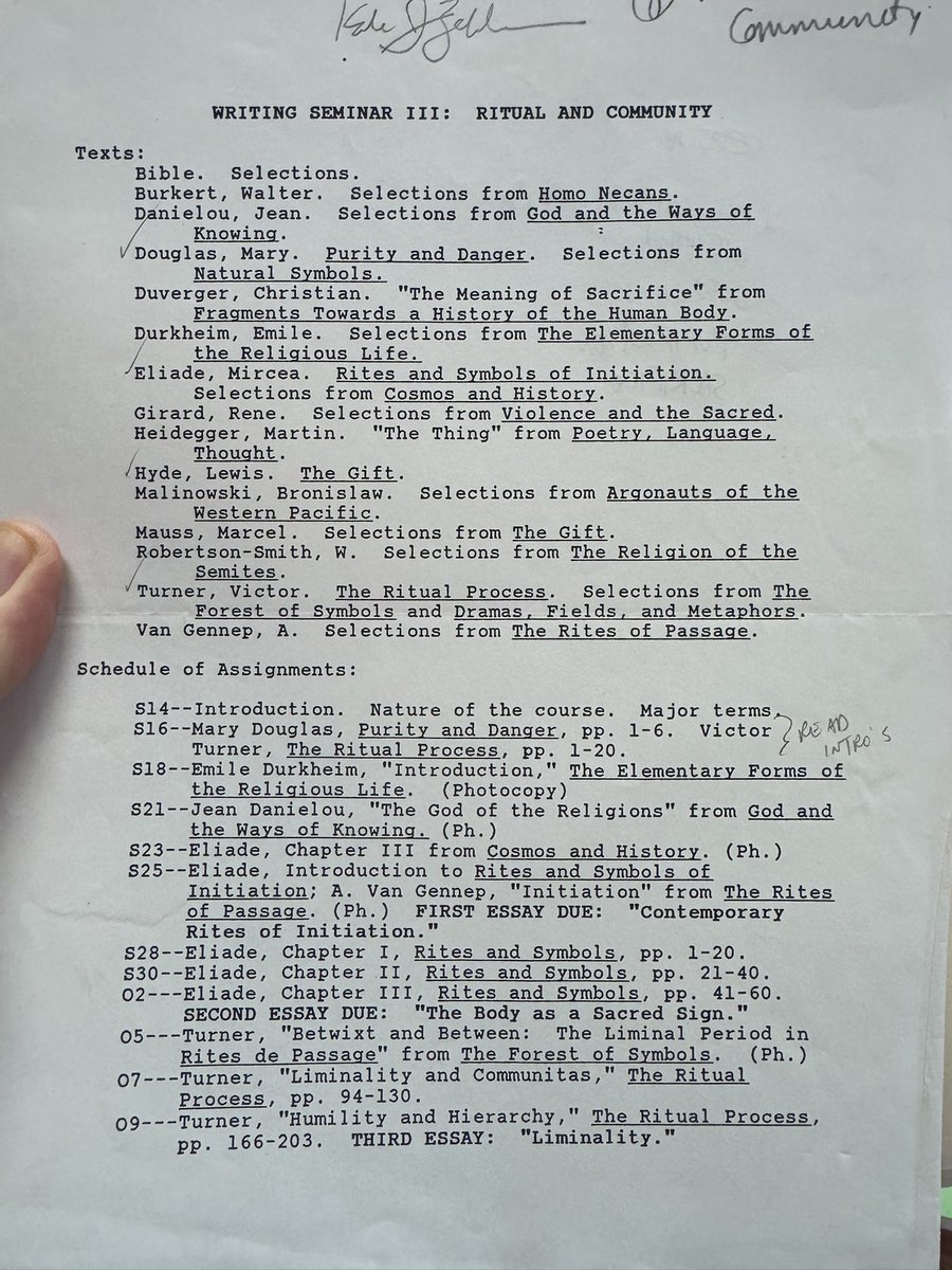 In undergrad I took a course called “Ritual &amp; Community” w/ Dr. Glenn Arbery.

Check out the syllabus. What a life forming intellectual experience.