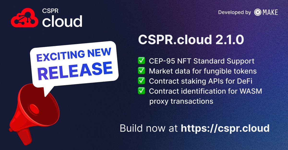 CSPR.cloud 2.1.0 is here!

• CoinGecko &amp; FriendlyMarket data
• New CEP-95 NFT standard support
• APIs for contract staking
• Genesis account ID
• Contract info for WASM Odra ProxyCaller transactions

Start building on Casper → docs.cspr.cloud

$CSPR