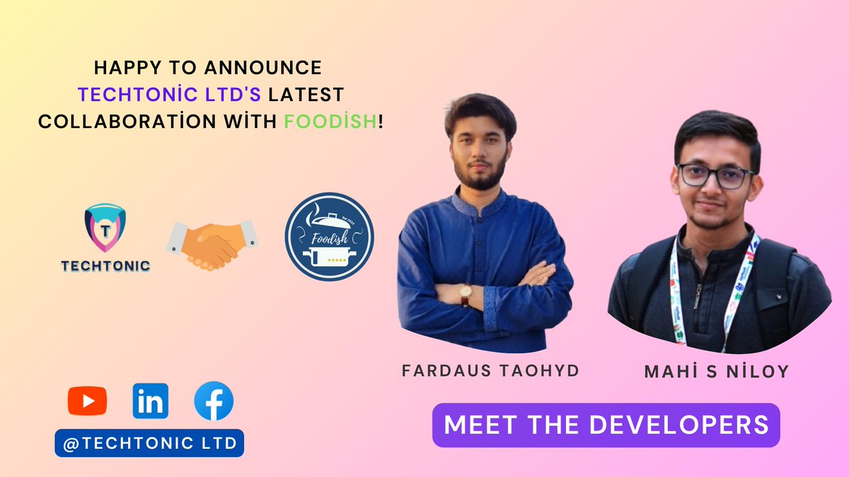 Exciting news! Thrilled to announce TechTonic LTD's latest collaboration with Foodish! Meet the talented developers, <a href="/taohyd01/">Fardaus Taohyd</a>  and Mahi S Niloy. 

#Collaboration #TectonicLtd #Foodish #TechInnovation